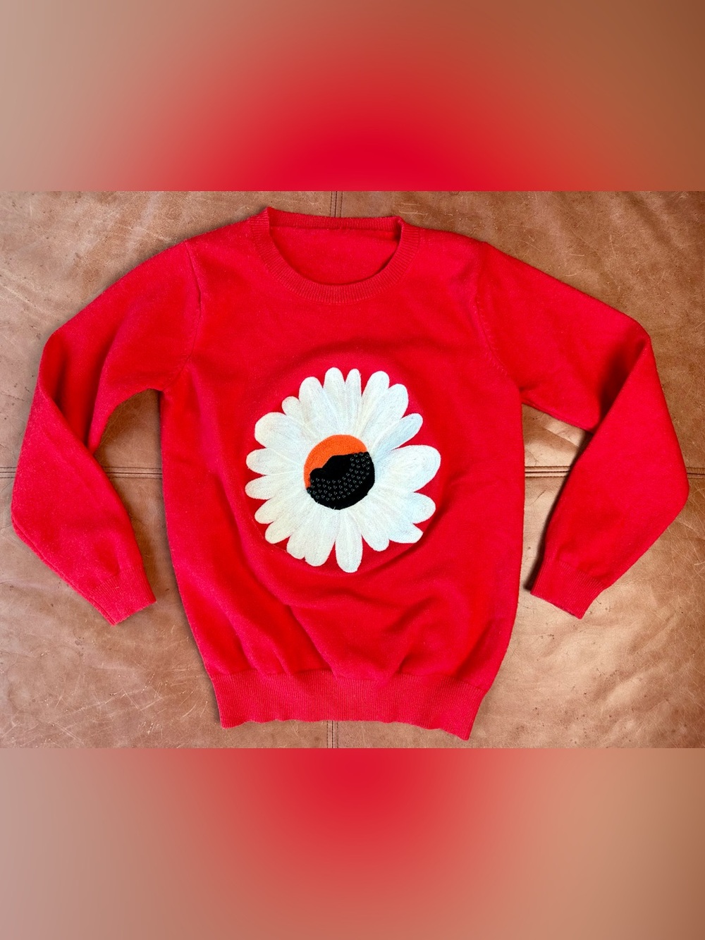 Womens Red White Stitched Daisy Beaded Long Sleeve Pullover Sweater Size Small